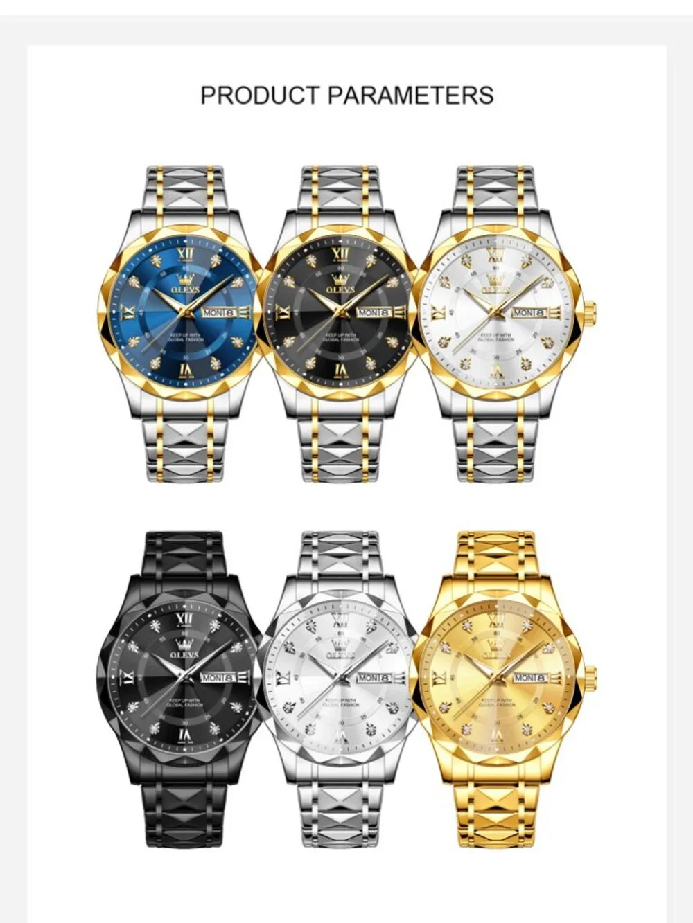 OLEVS Men's Luxury Quartz Watch Blue Gold Stainless Steel Waterproof Roman Dial